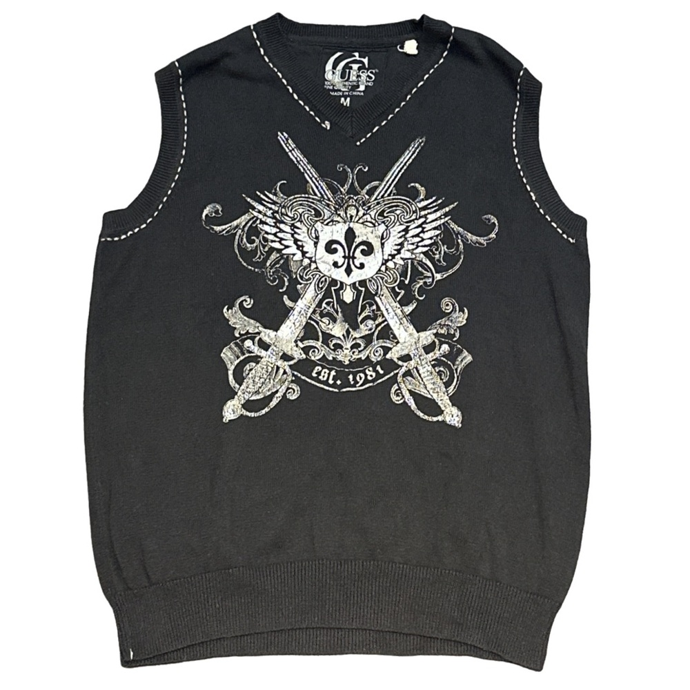 VINTAGE 90s GUESS men's black/silver graphic knit sweatervest, size medium.